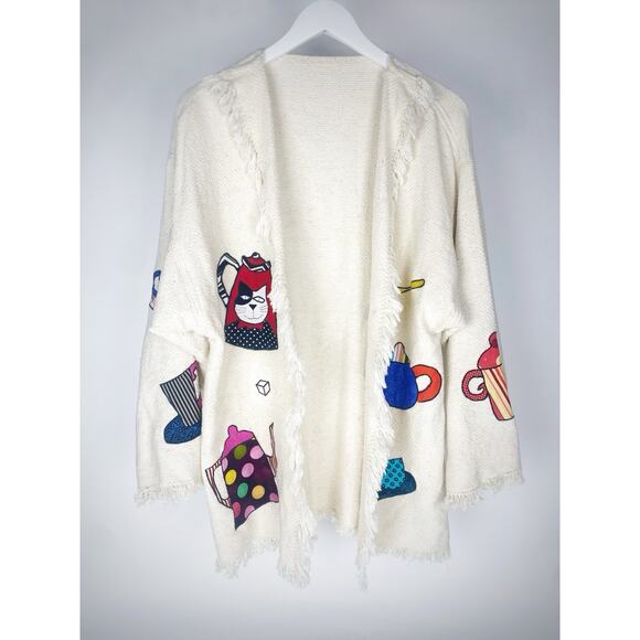 VTG Cat Tea Party Kimono Fringe Jacket Patchwork Embroidered Cottagecore Whimsy - Picture 1 of 12